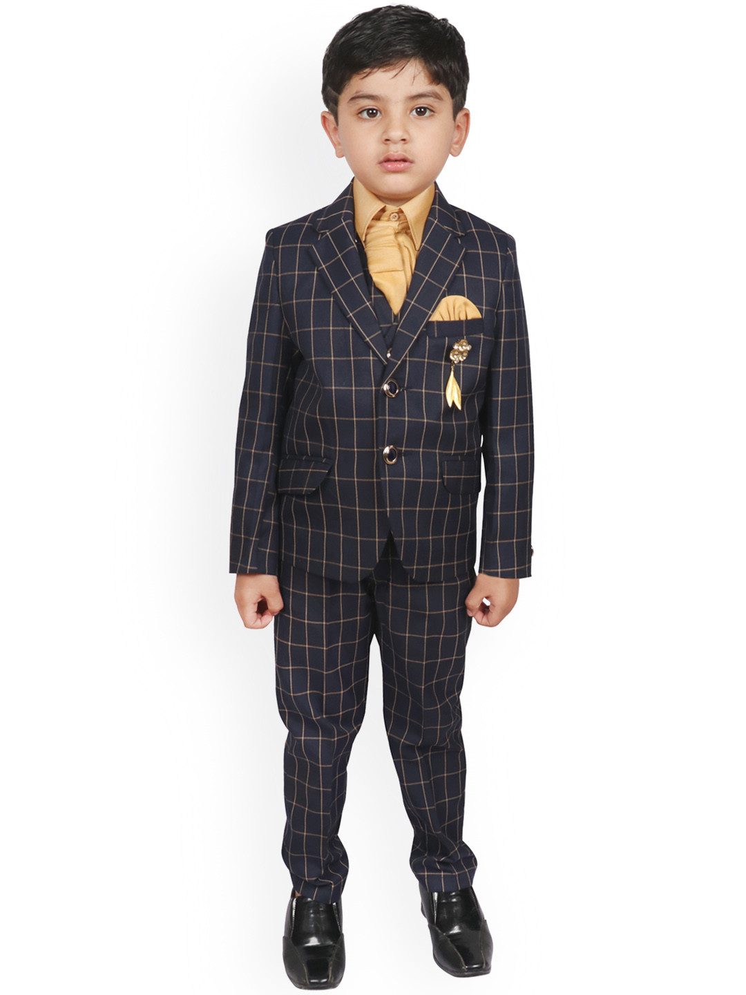 SG YUVRAJ Boys Navy Blue & Gold-Toned Checked Single-Breasted Suit