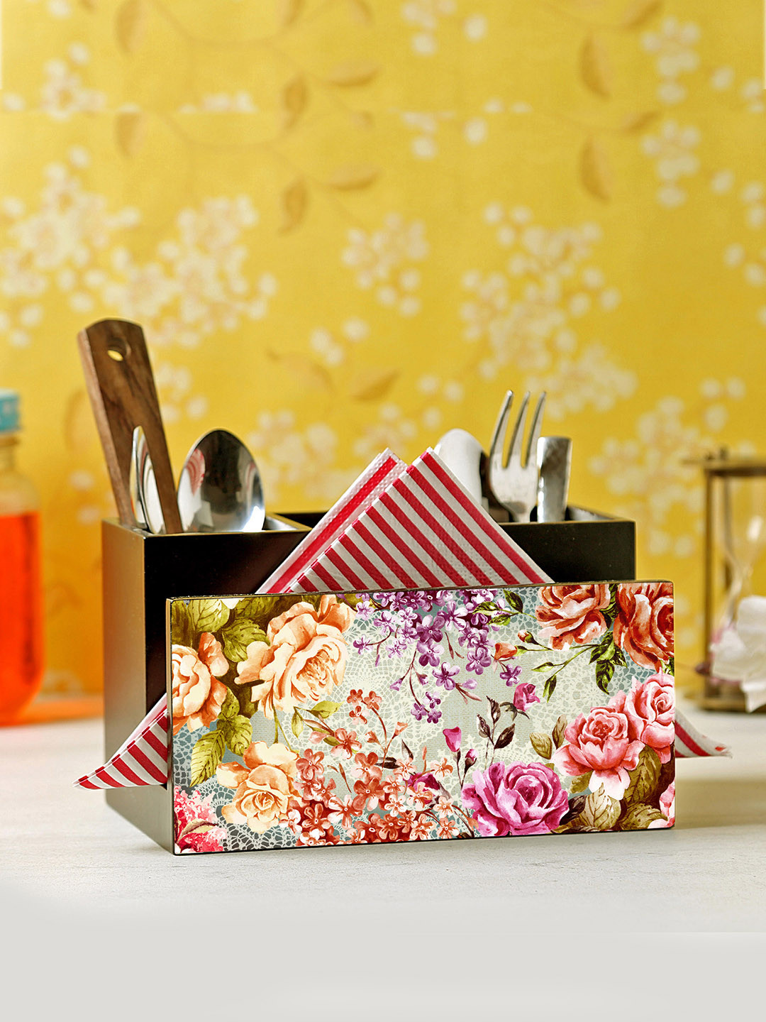 Reinvention Factory Multicoloured Printed Wooden Cutlery & Tissue Holder