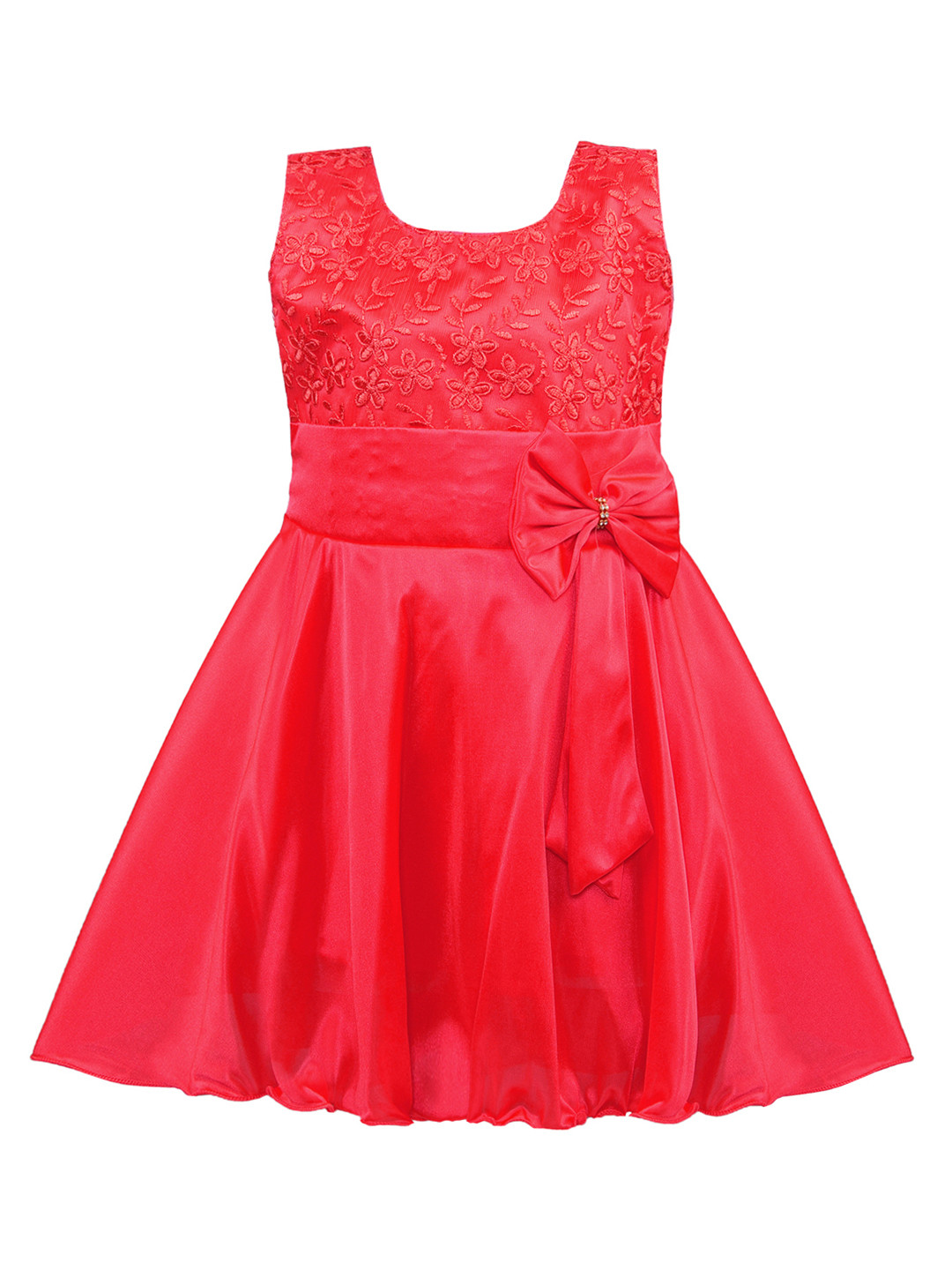Wish Karo Girls Red Solid Silk Fit and Flare Dress