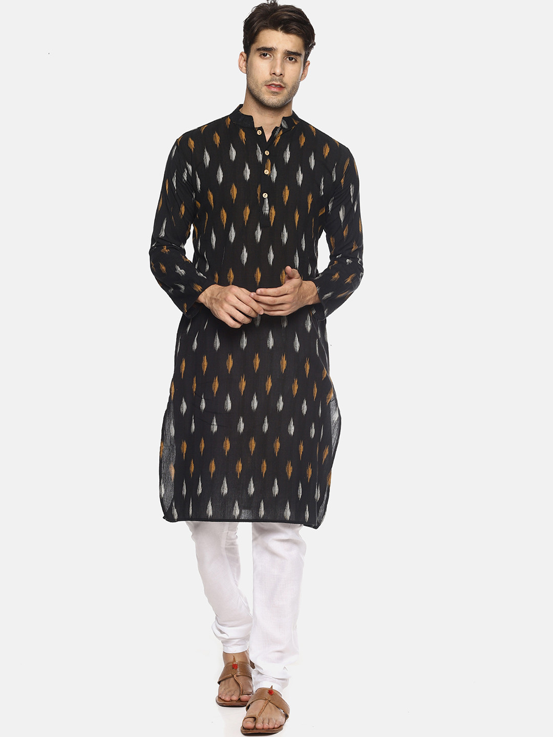 PAROKSH Men Black Ikat Printed Straight Kurta