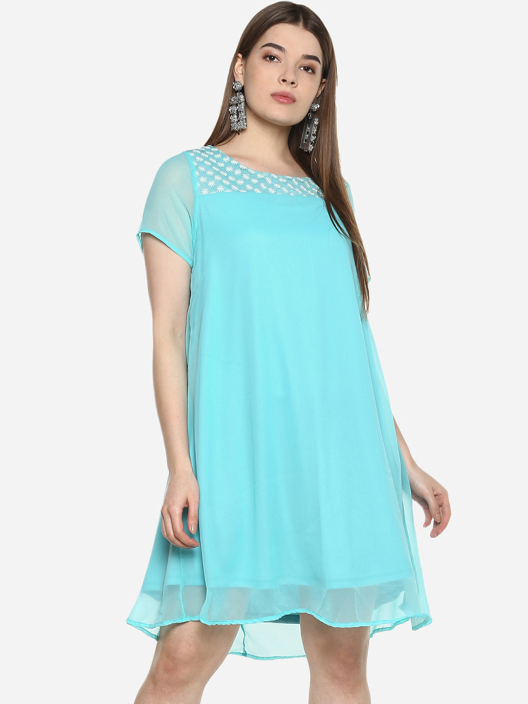 Qurvii Plus Size Women Turquoise Blue Solid A-Line Dress