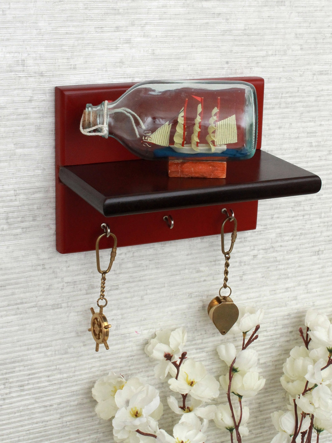 Home Sparkle Brown Maroon MDF Wall Shelf with Key Holder