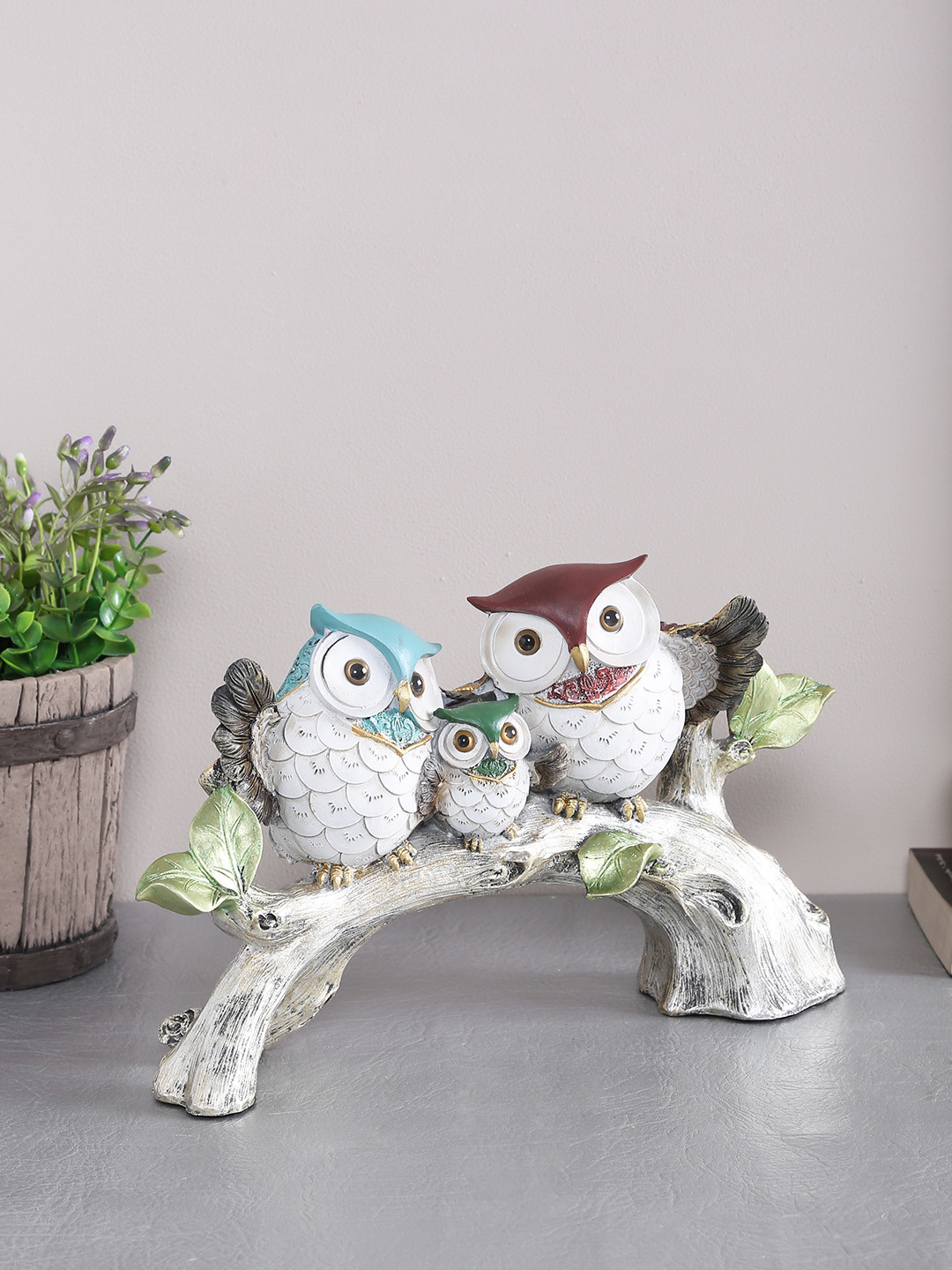 TAYHAA Three Owls Sitting on A Tree White Resin Matte Living Room Small Showpiece -