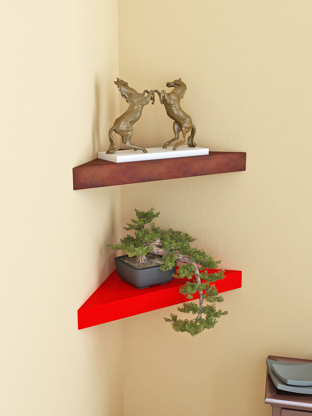 Home Sparkle Set of 2 Red & Brown MDF Corner Wall Shelf
