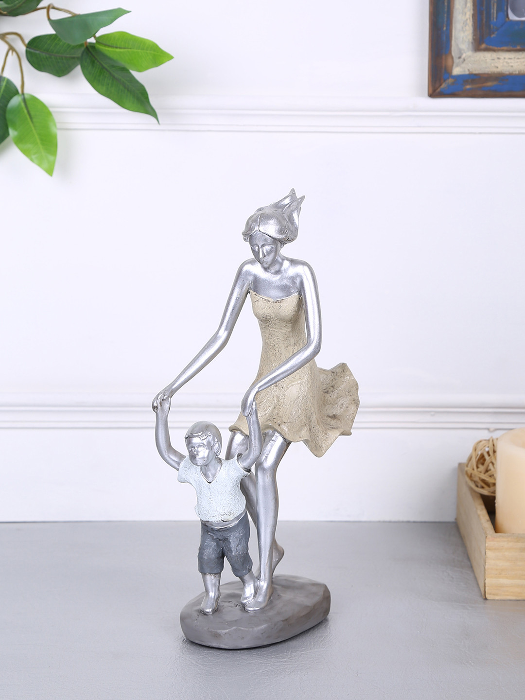 TAYHAA Cheerful Mother and Me Silver Resin Glossy Prayer Room Medium Showpiece - 5.1 Inches