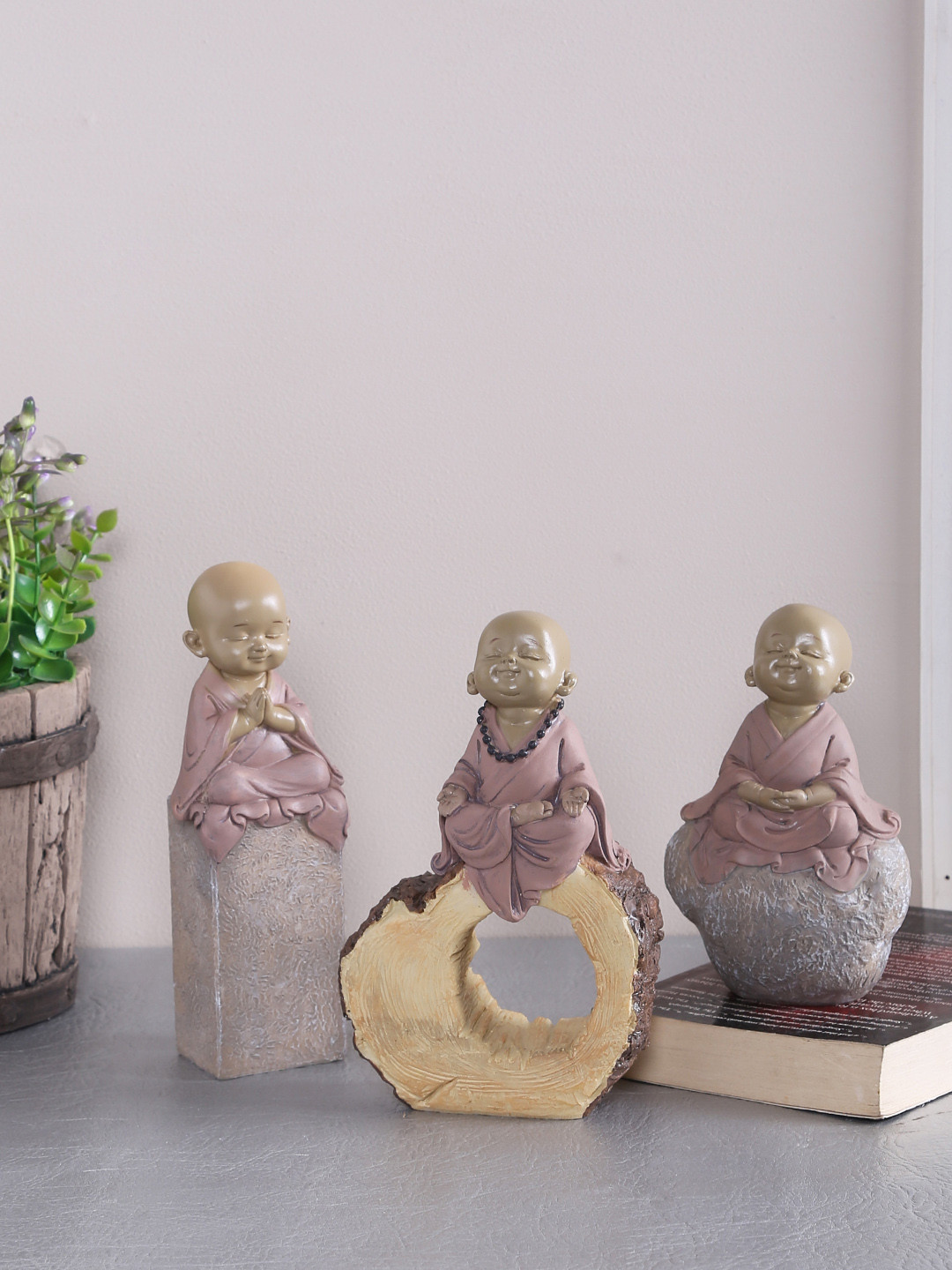 TAYHAA Serene Baby Buddha Trio Pink Resin Glossy Living Room Set of 3 Small Showpieces - 6.7 Inches