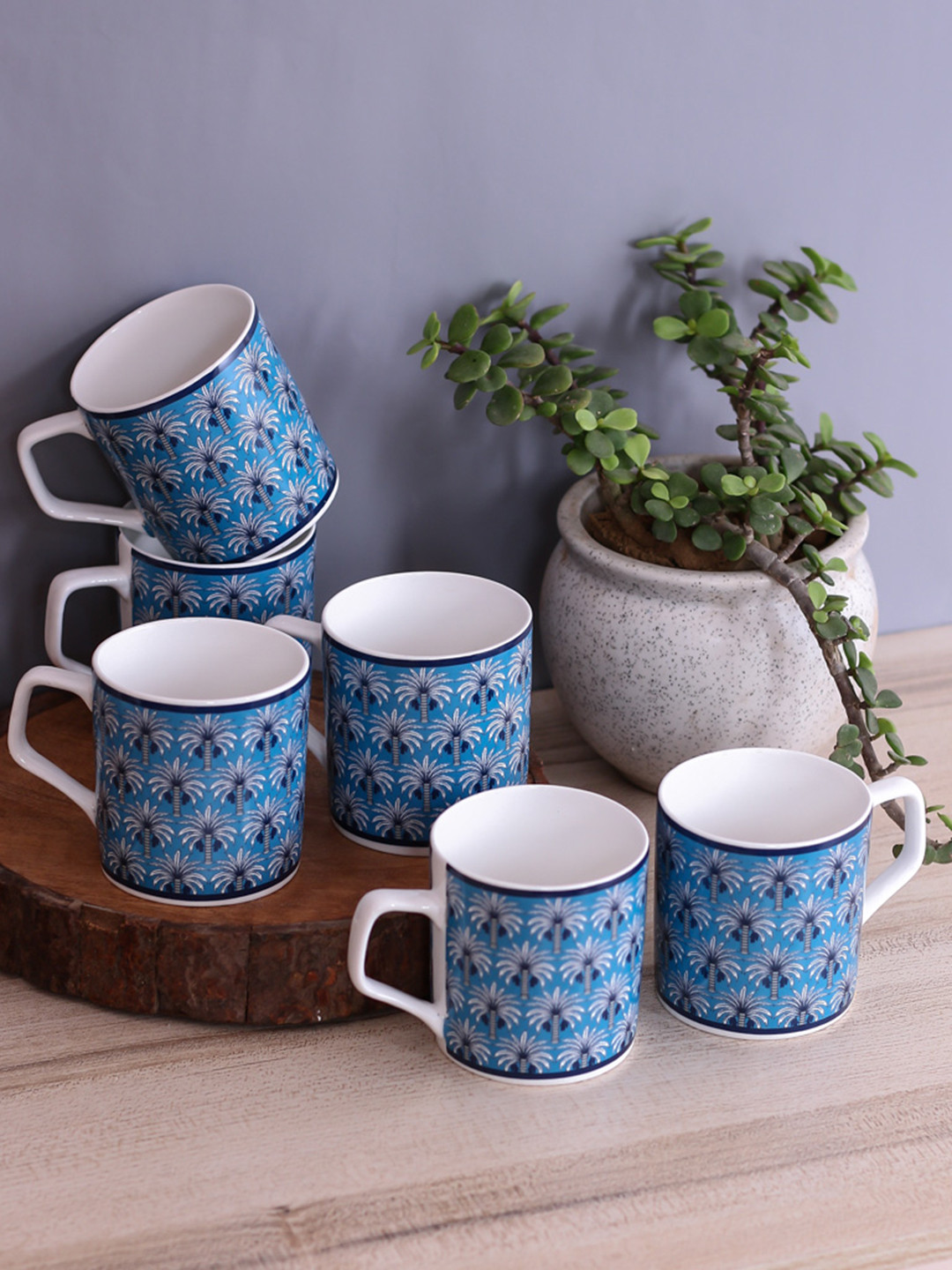 India Circus Blue Conversational Ceramic Handmade 6 Piece Cups-245ml