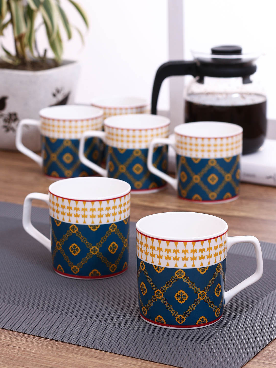 India Circus Beach Blue Ethnic Motifs Ceramic Handmade 6 Piece Cups-245ml