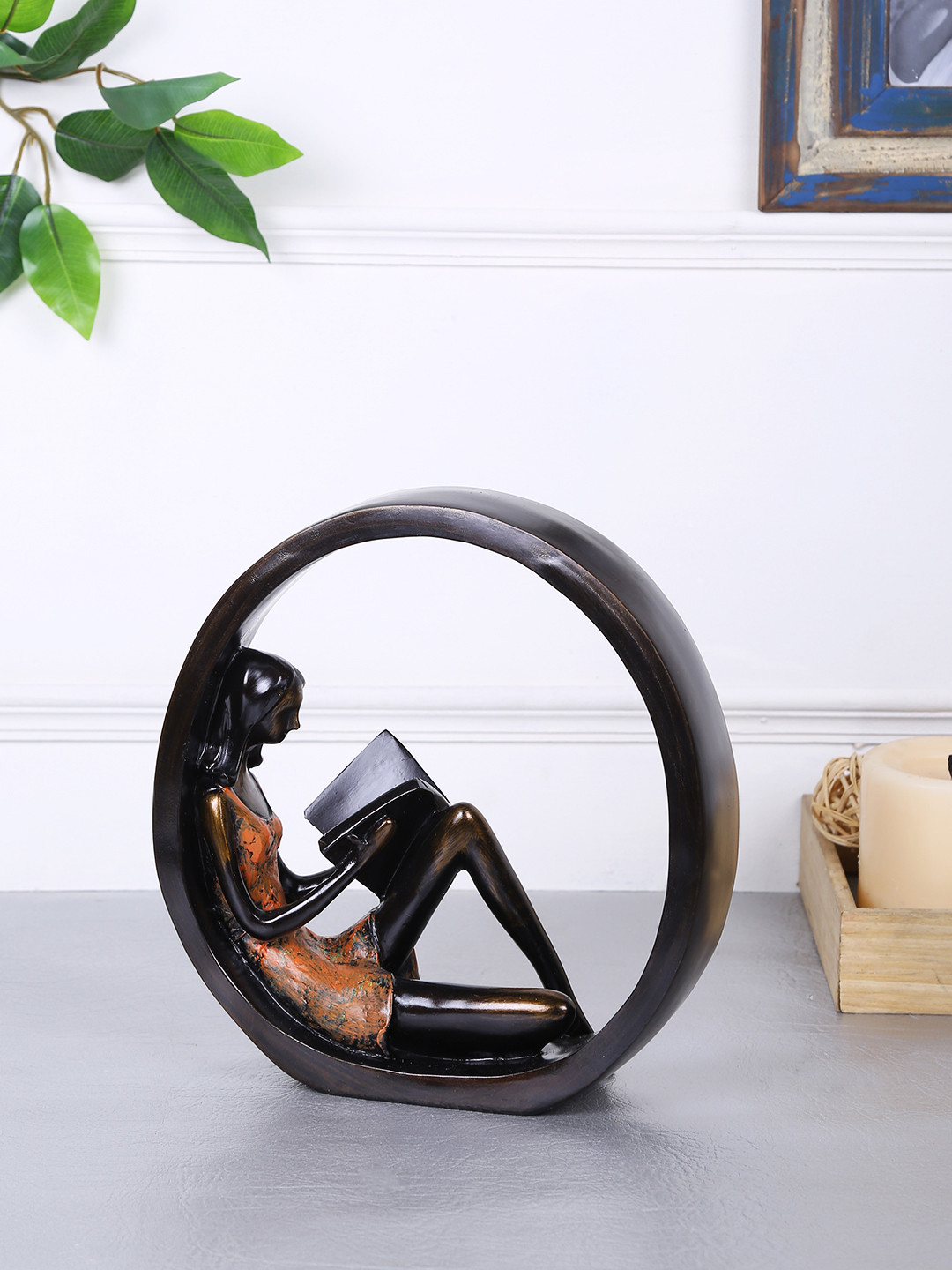 TAYHAA Encircled Reader Brown Resin Natural Living Room Medium Showpiece - 8.7 Inches