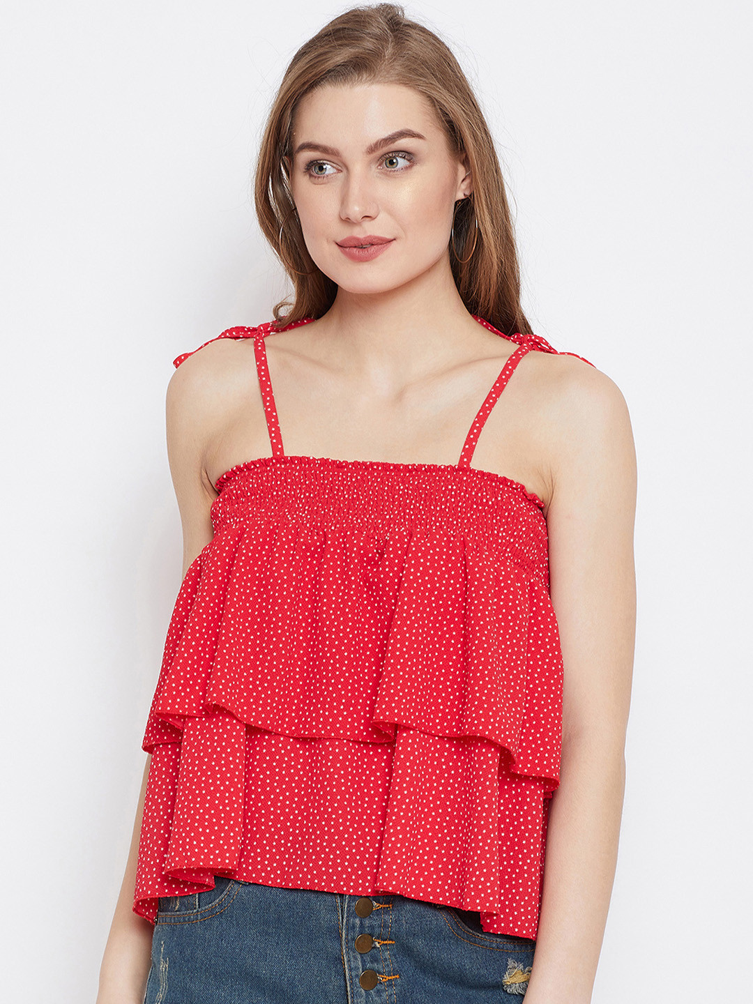 PANIT Women Red Polka Dot Smocked Layered Top
