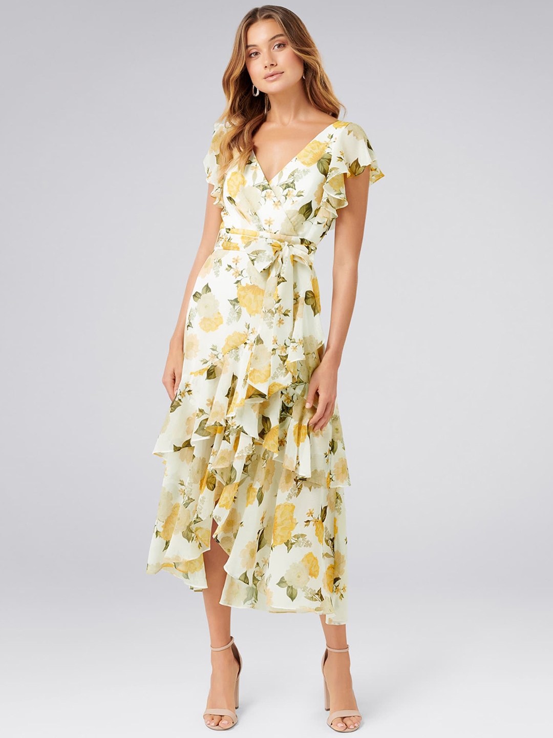 Buy Forever New Women White \u0026 Yellow Printed Wrap Dress - Dresses for Women  9887017 | Myntra