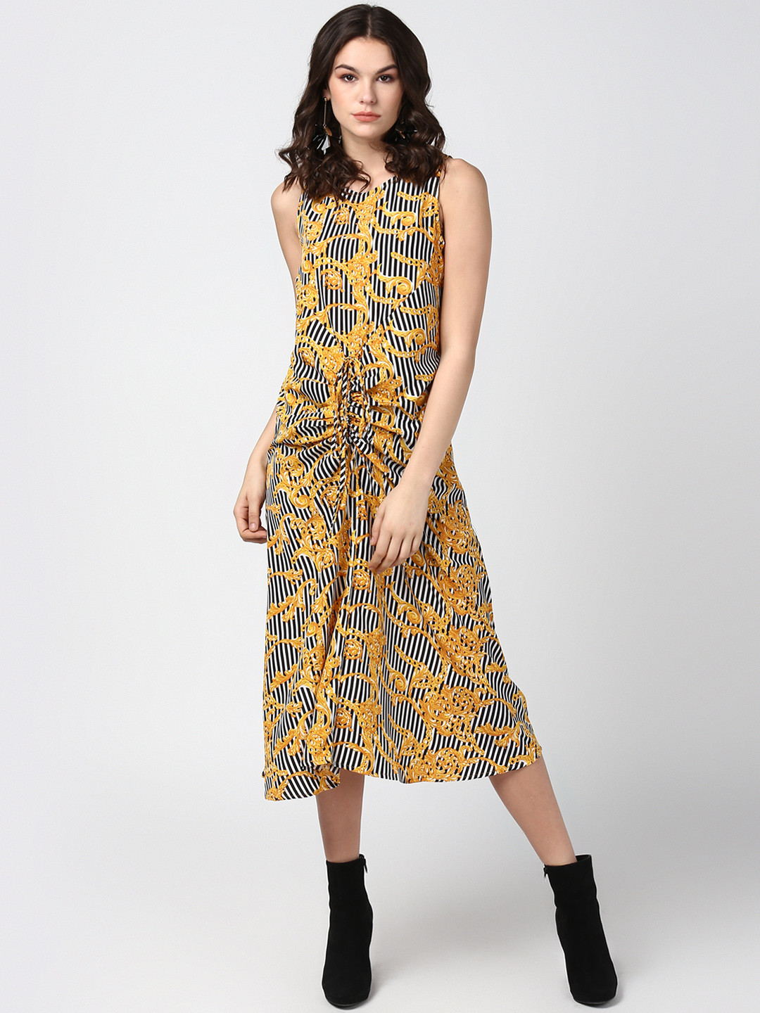 StyleStone Women Yellow Striped Casual Midi Dress