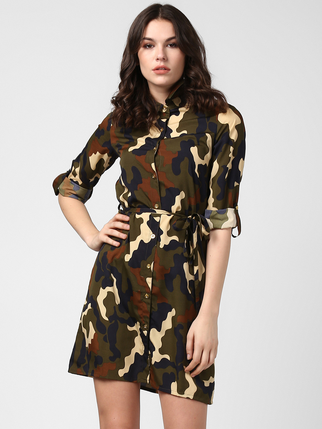 StyleStone Women Green Camouflage Shirt Dress