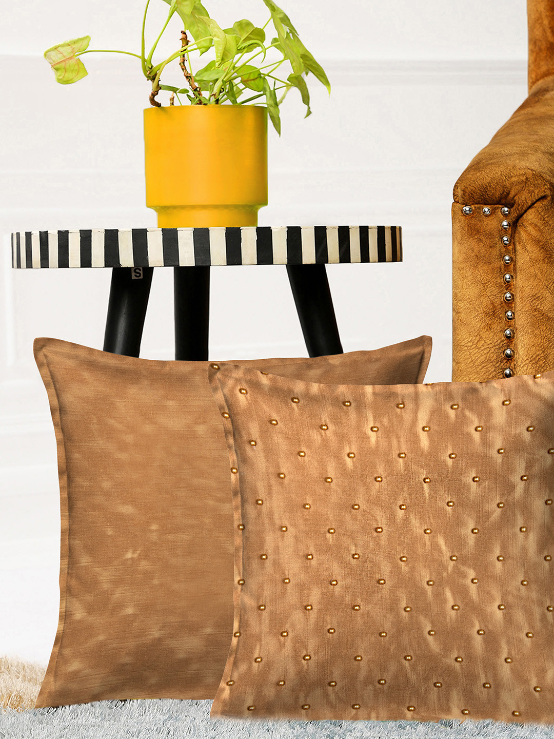 HOUZZCODE Pearl Touch Embellished Polyester Washable 2 Pcs Cushion Covers - 16 x 16 In