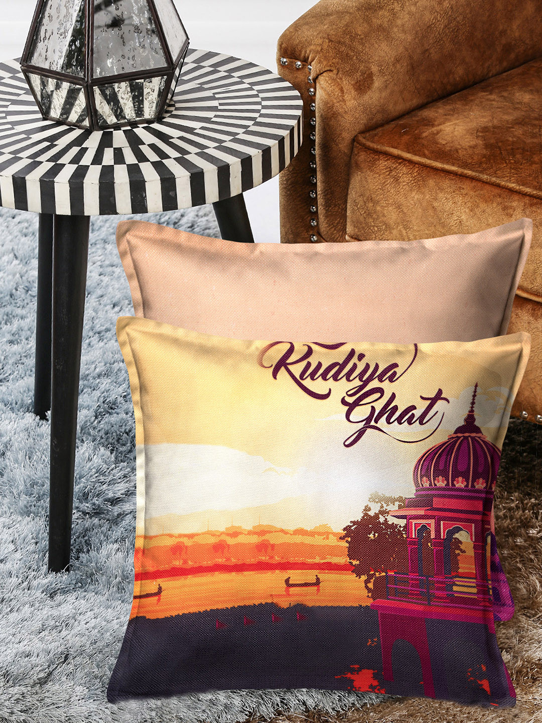 HOUZZCODE Kudiya Ghat Ethnic Motifs Polyester Washable 2 Pcs Cushion Covers - 16 x 16 In