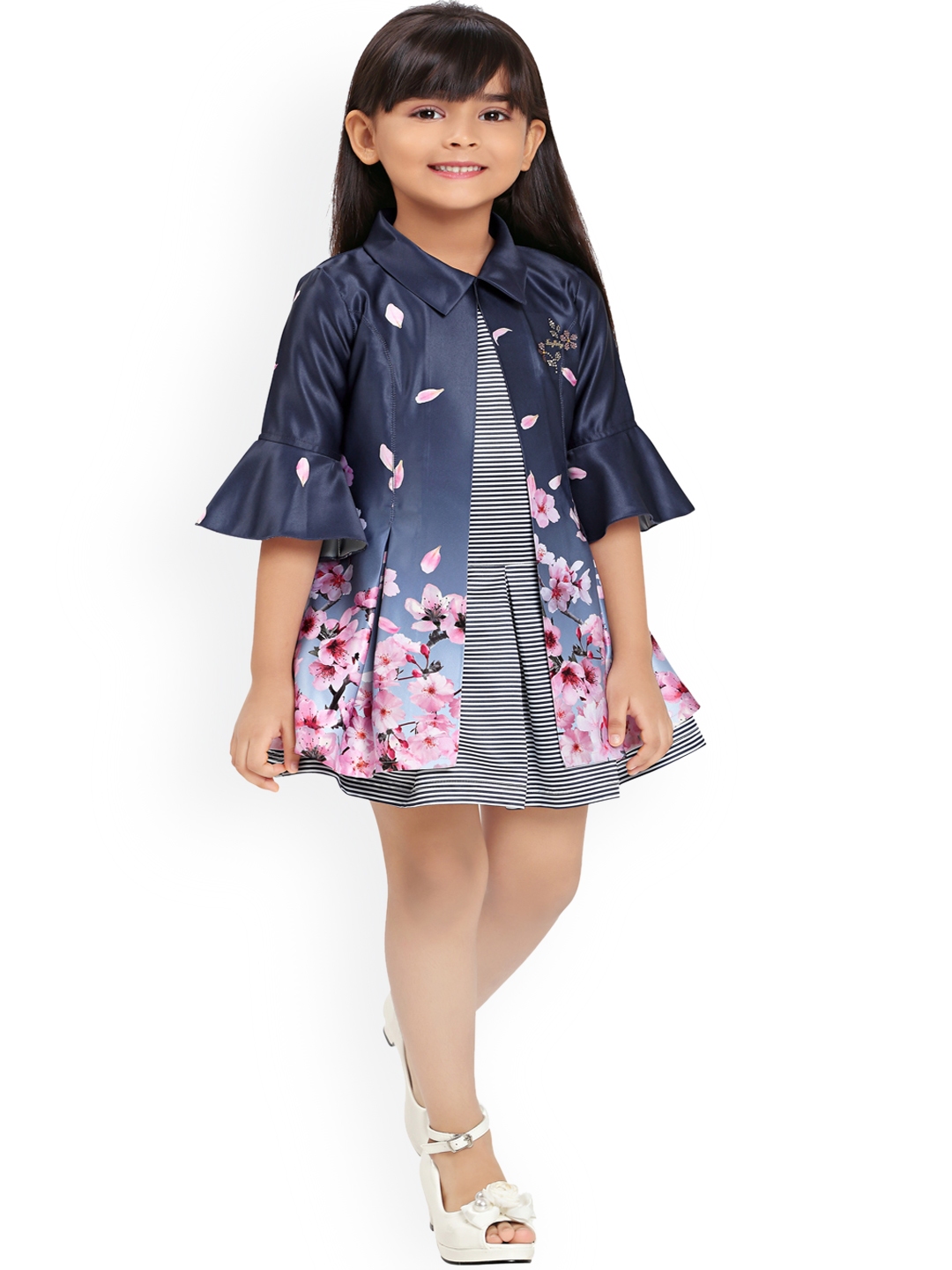 Tiny Baby Girls Blue Printed Fit and Flare Layered Dress