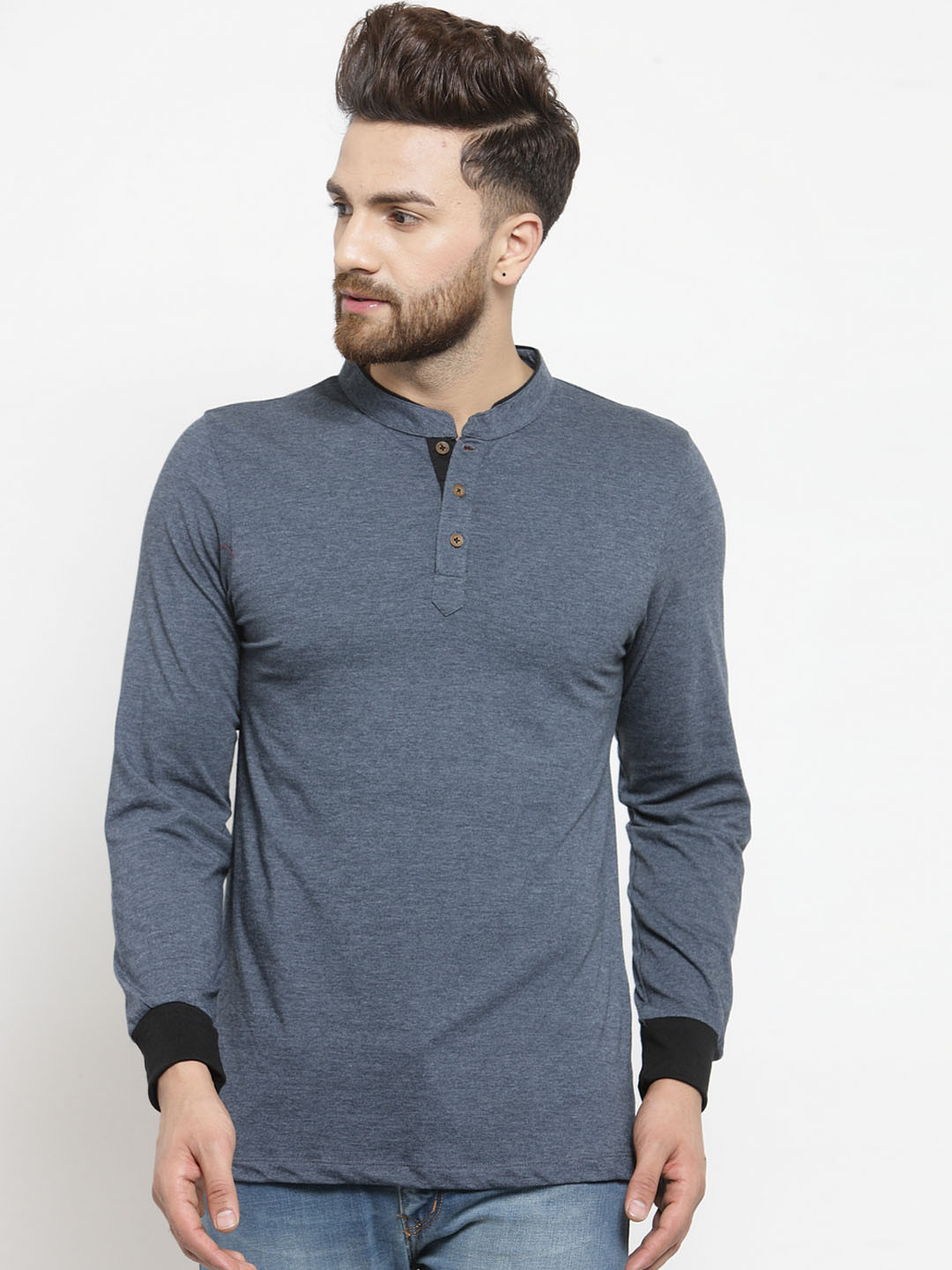 Kalt Men Blue Solid Mandarin Collar T-shirt