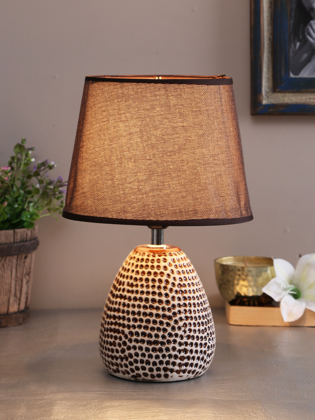 TAYHAA Brown Textured Frustum-Shaped Pierced Ceramic Table Lamp & Shade