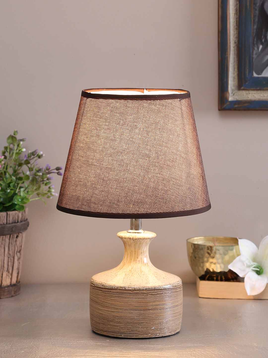 TAYHAA Brown Textured Ceramic Bedside Standard Table Lamp