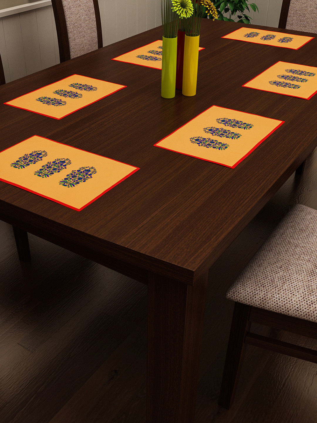SEJ by Nisha Gupta Set of 6 Mustard & Blue Printed Table Placemats