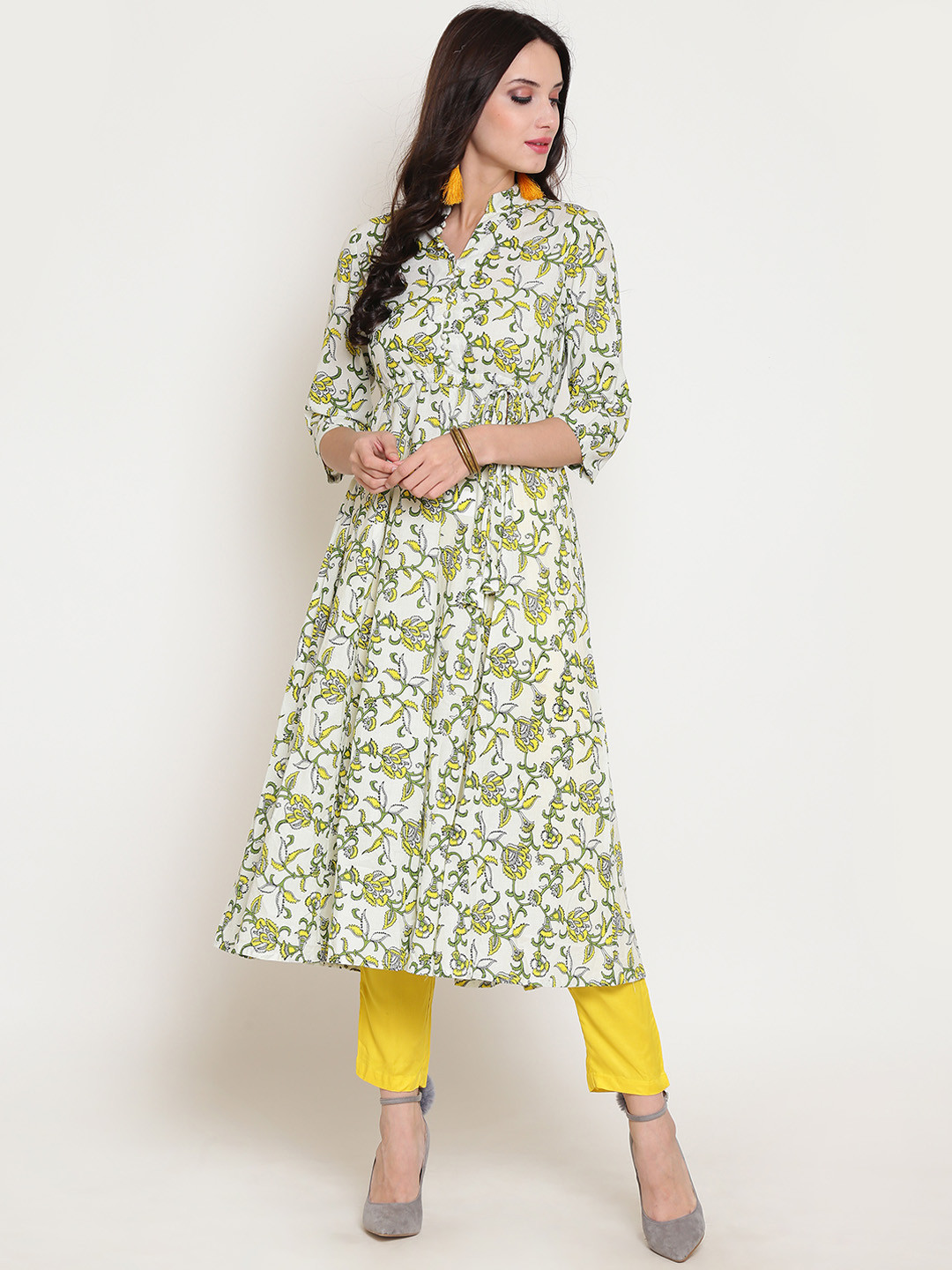 Sera Women Off-White & Yellow Printed Kurta with Palazzos