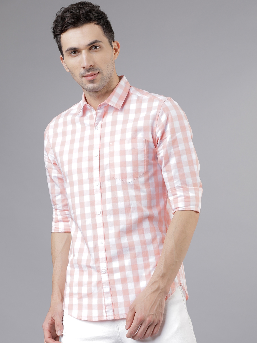 coral and white shirt