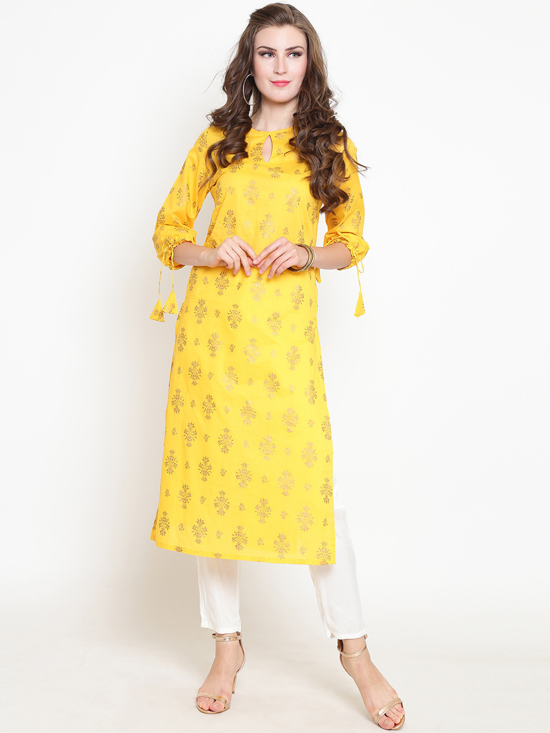 Sera Women Yellow & Off-White Printed Kurta with Palazzos