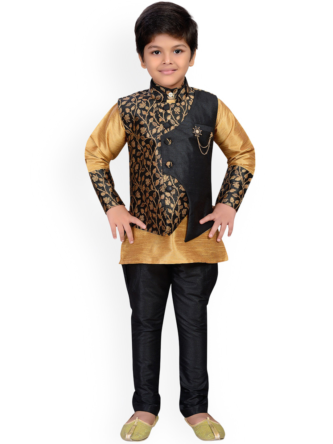 Aj DEZInES Boys Black & Mustard Yellow Self Design Kurta with Pyjamas