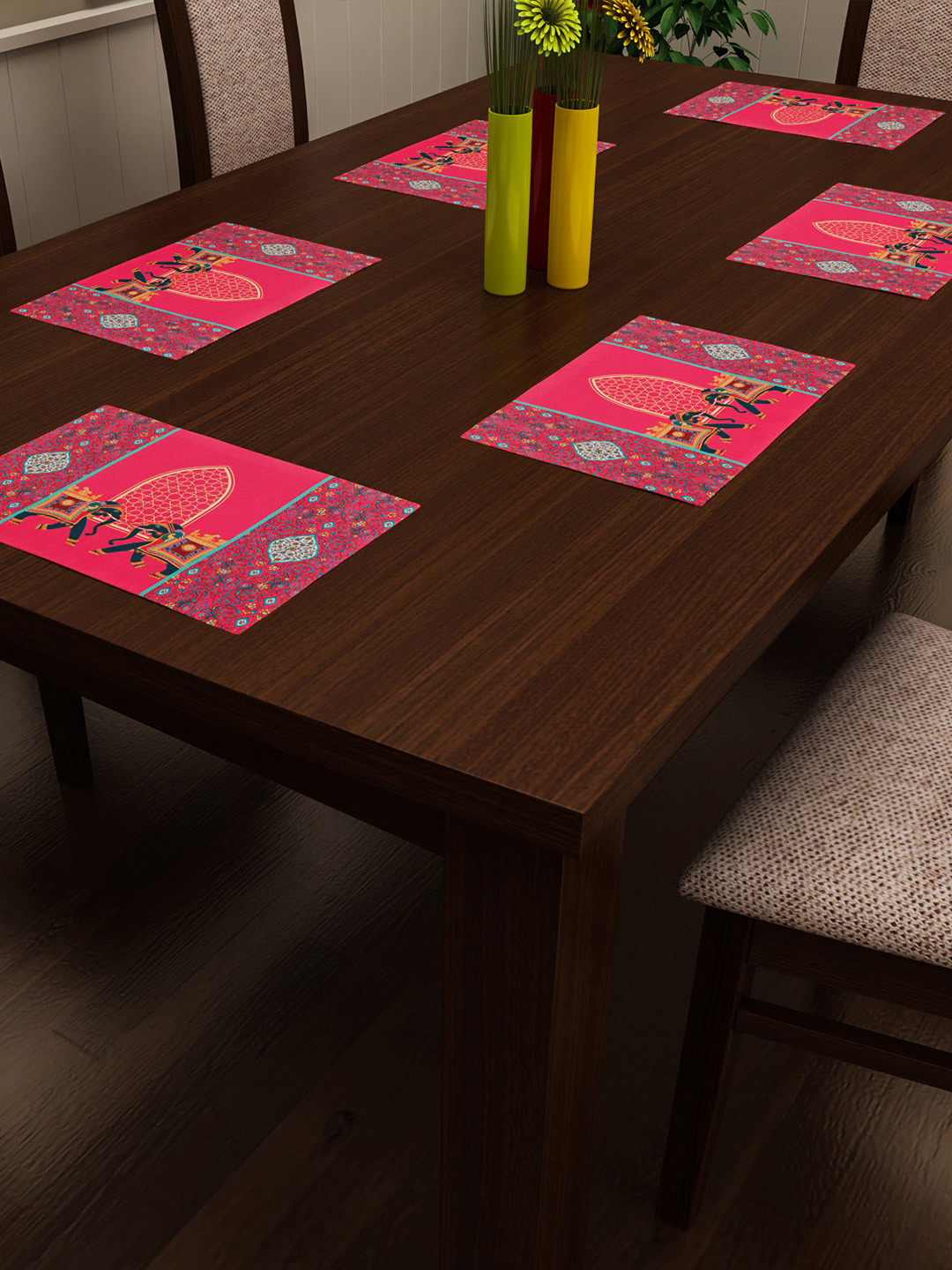 SEJ by Nisha Gupta Set of 6 Pink & Green Printed Table Placemats
