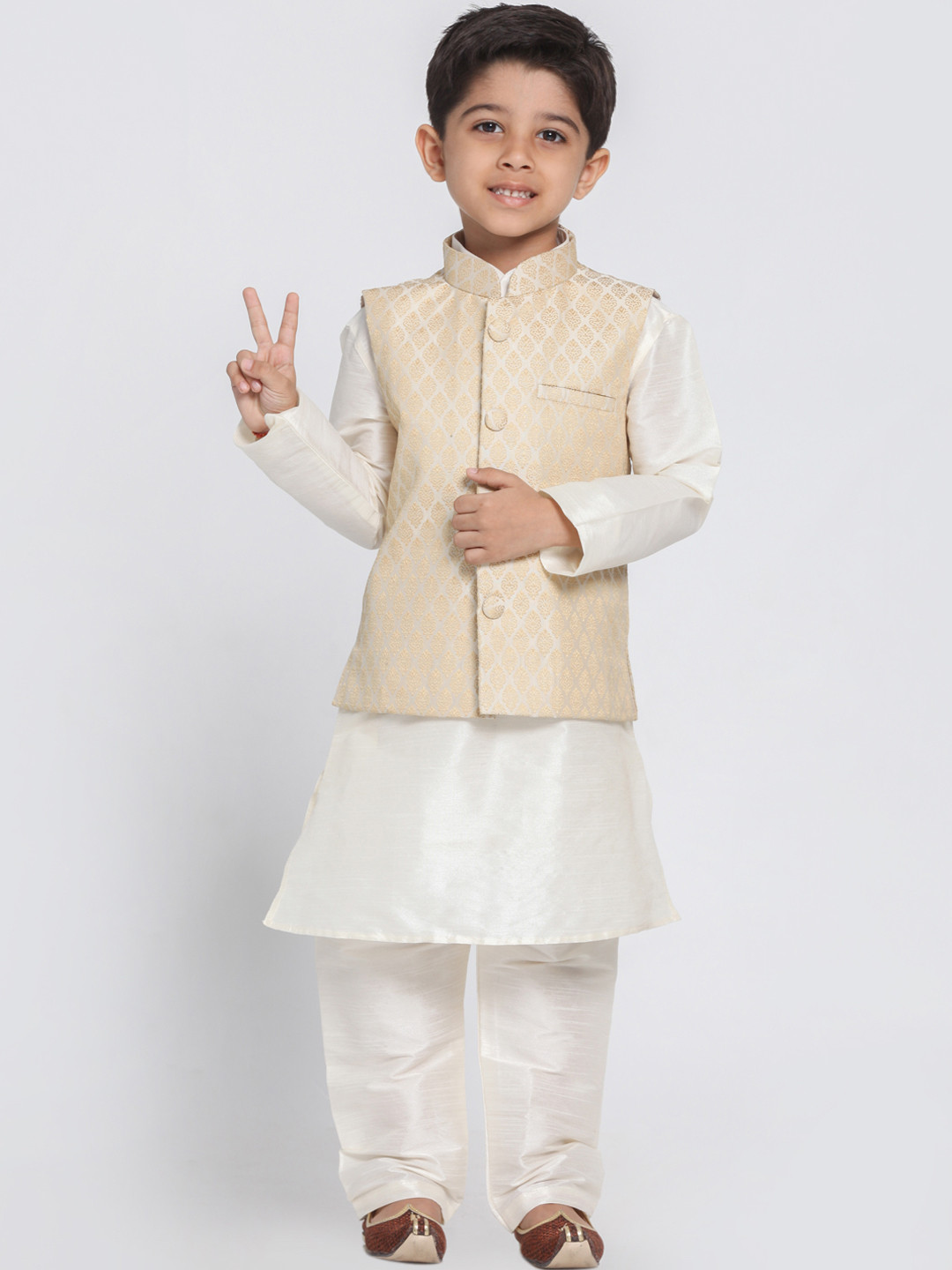 VASTRAMAY Boys Cream-Coloured Self Design Kurta with Churidar & Jacket