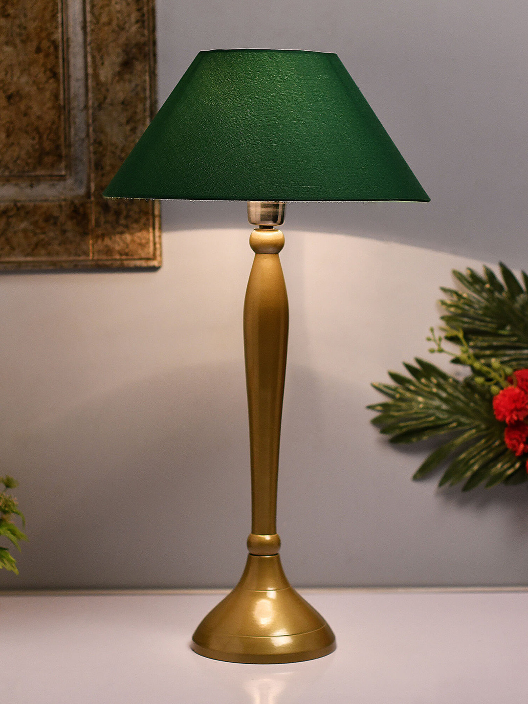 Homesake Gold-Toned & Green Solid Handcrafted Royal Ovoid Bedside Standard Lamp