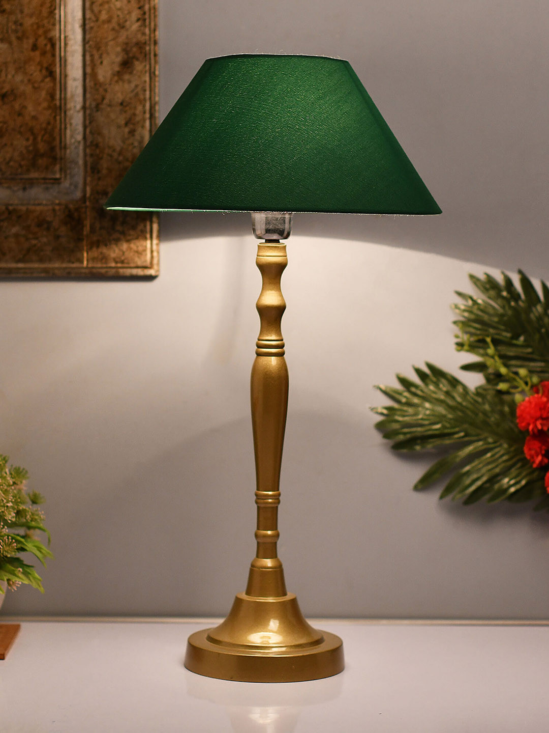 Homesake Gold-Toned & Green Solid Handcrafted Bedside Standard Lamp