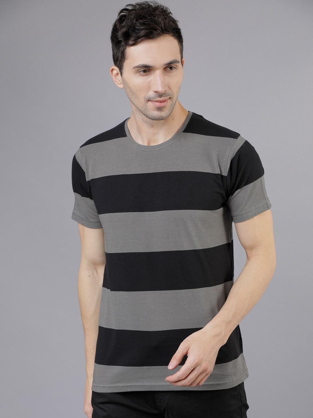 HIGHLANDER Men Grey & Black Striped Round Neck Slim Fit T-shirt