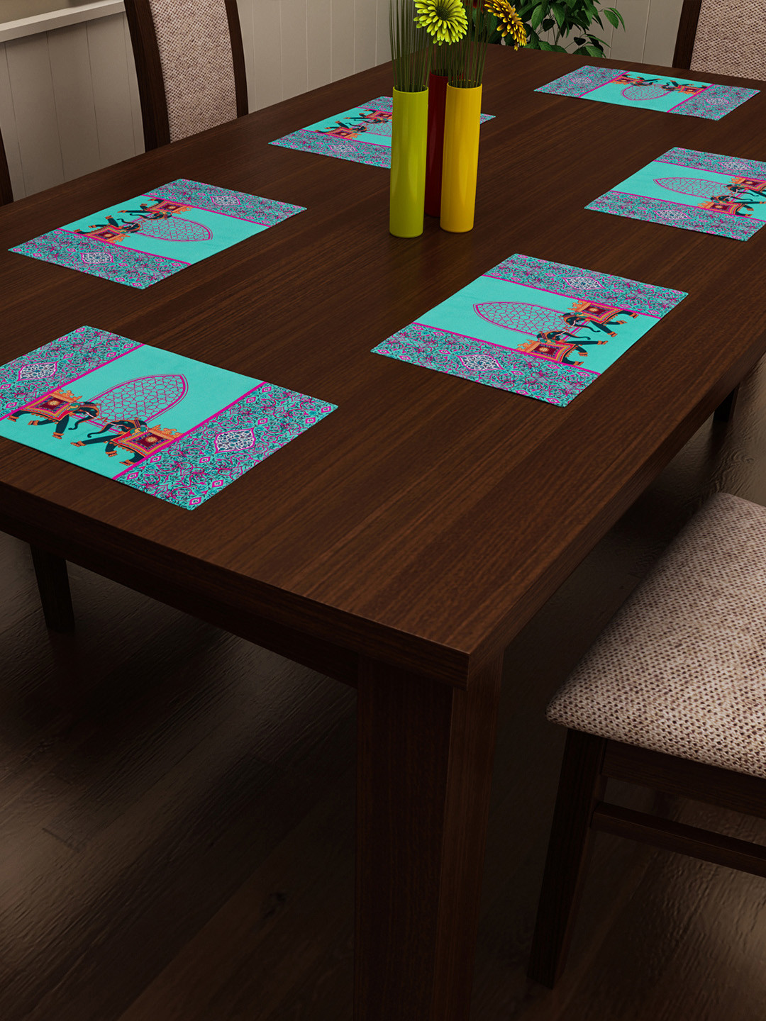 SEJ by Nisha Gupta Set of 6 Green & Pink Printed Table Placemats
