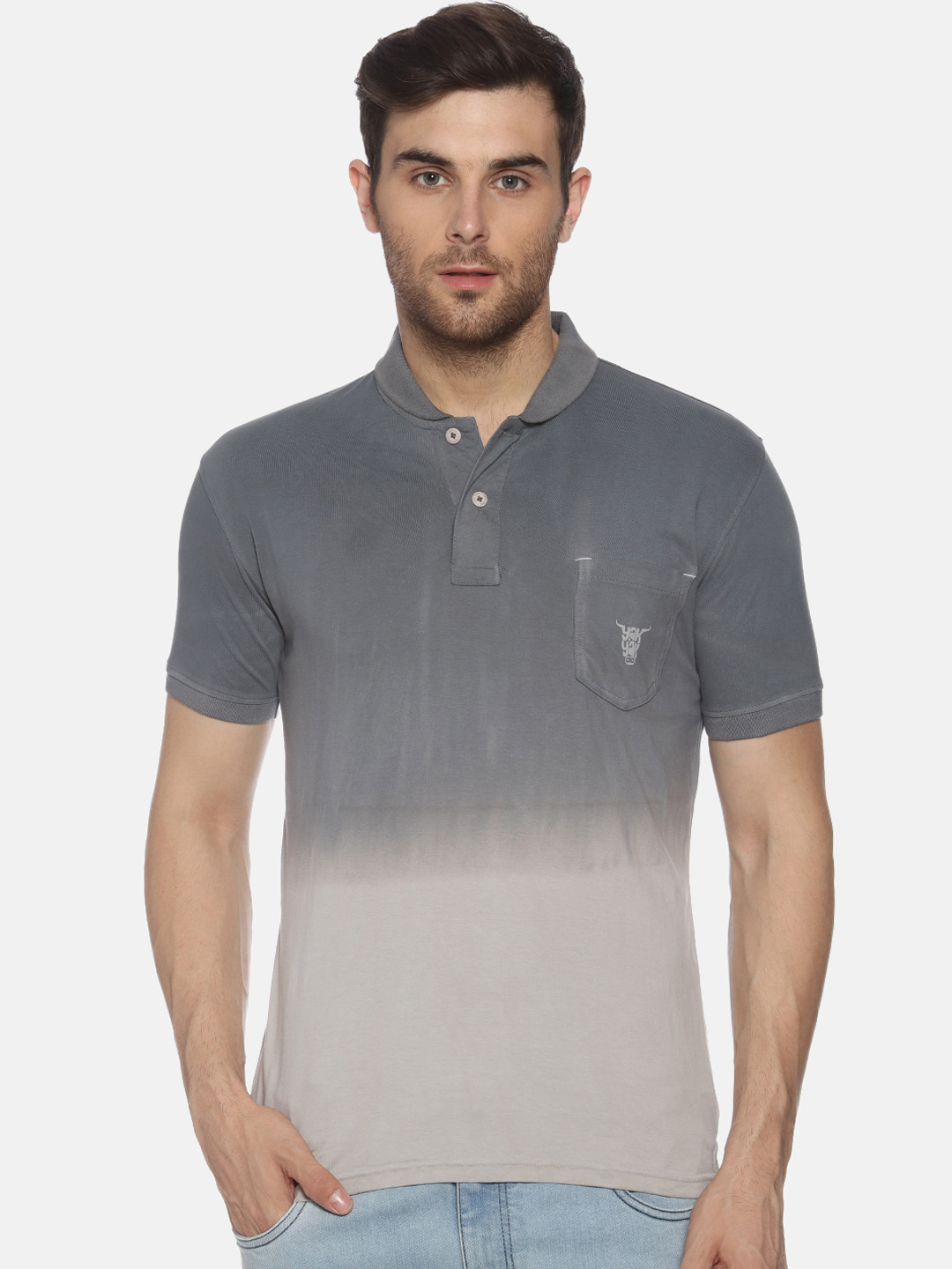 YAK YAK Men Grey Dyed Polo Collar Pure Cotton T-shirt