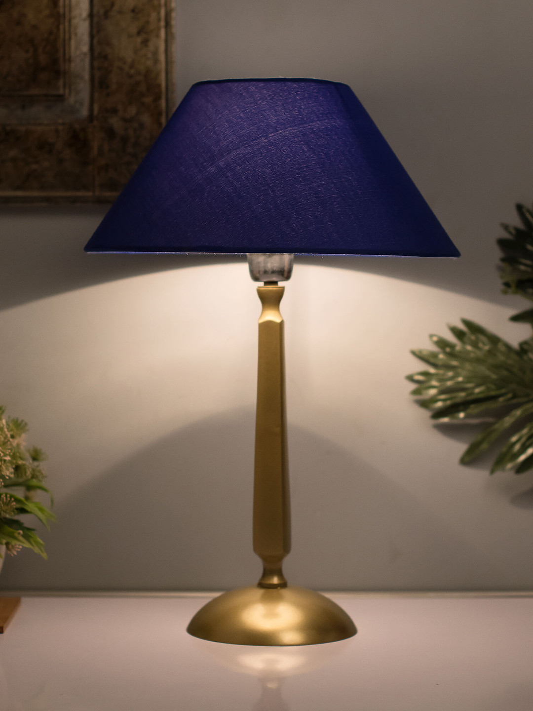 Homesake Gold-Toned & Navy Blue Solid Handcrafted Classic Cubist Bedside Standard Lamp