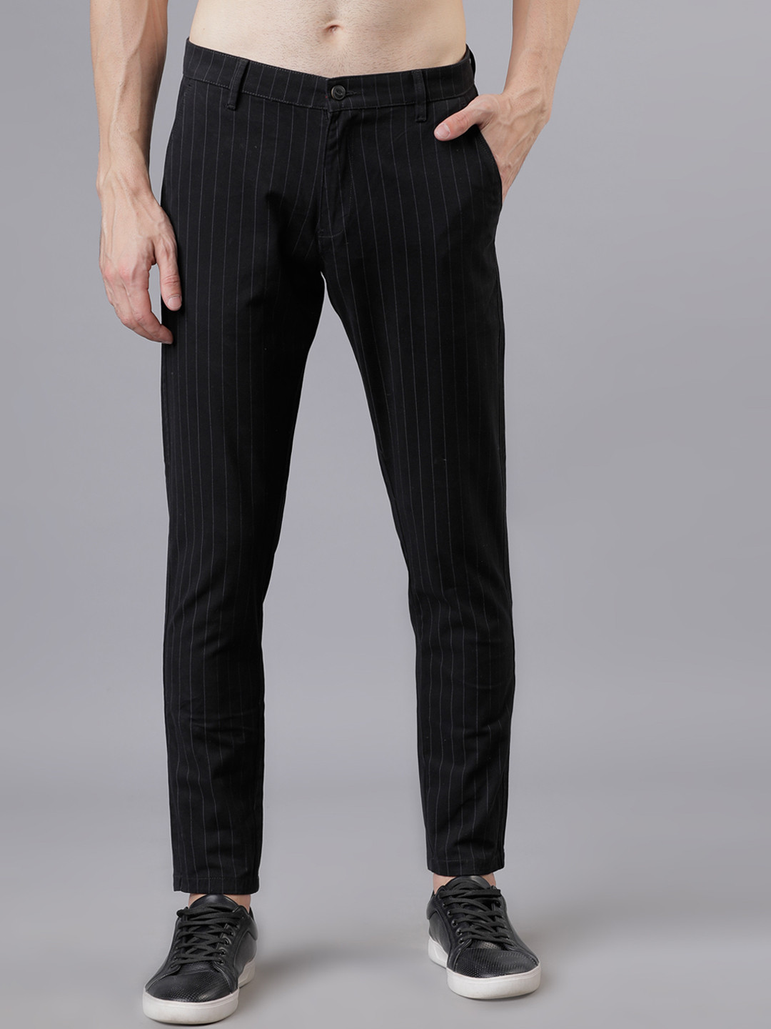 HIGHLANDER Men Black Slim Fit Striped Regular Trousers