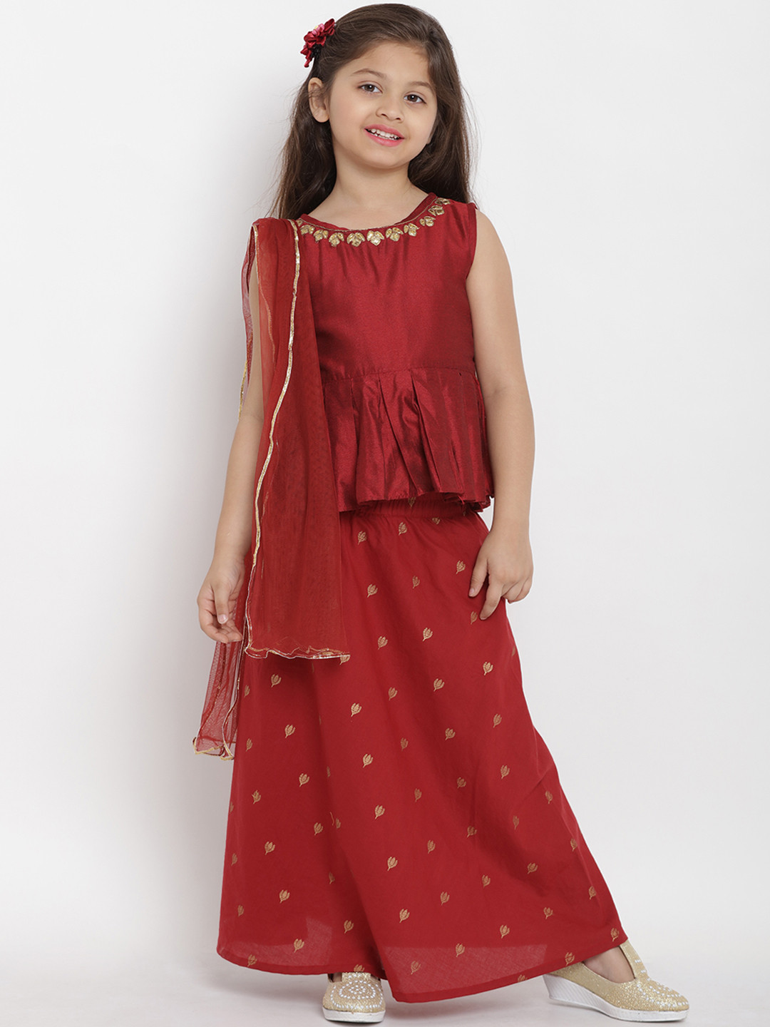 Bitiya by Bhama Girls Maroon Solid Top with Skirt