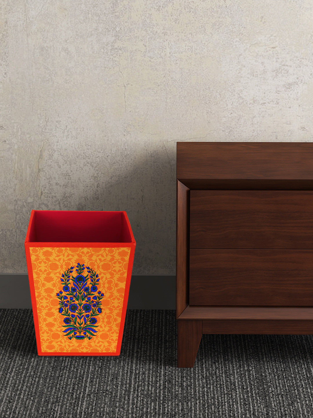 SEJ by Nisha Gupta Mustard & Blue Printed Wooden Open Dry Bin