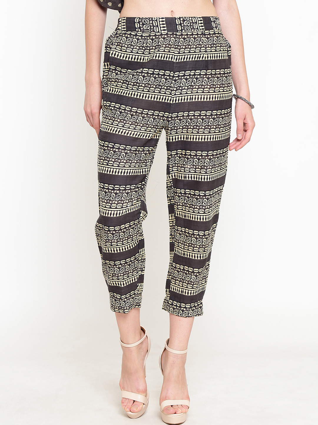 Sera Women Grey & Yellow Straight Fit Printed Cigarette Trousers