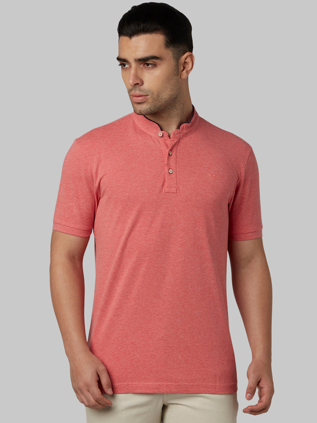 Park Avenue Men Coral Red Solid Mandarin Collar T-shirt