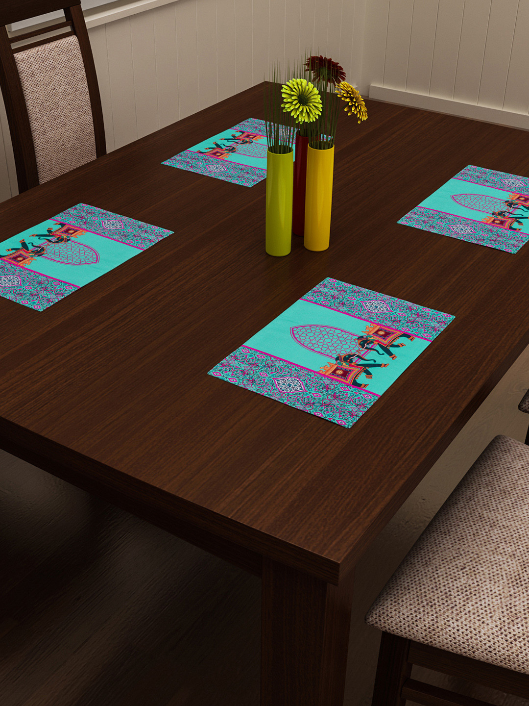 SEJ by Nisha Gupta Set of 4 Turquoise Blue & Pink Printed Table Placemats