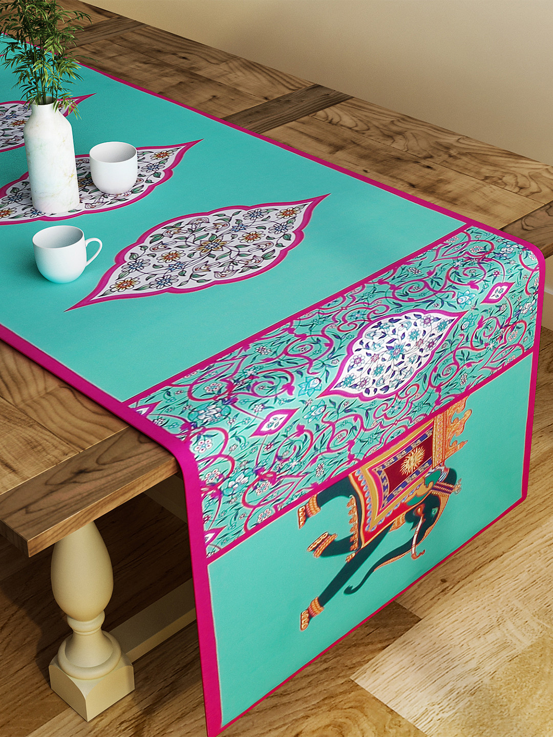 SEJ by Nisha Gupta Green & Pink Printed Table Runner