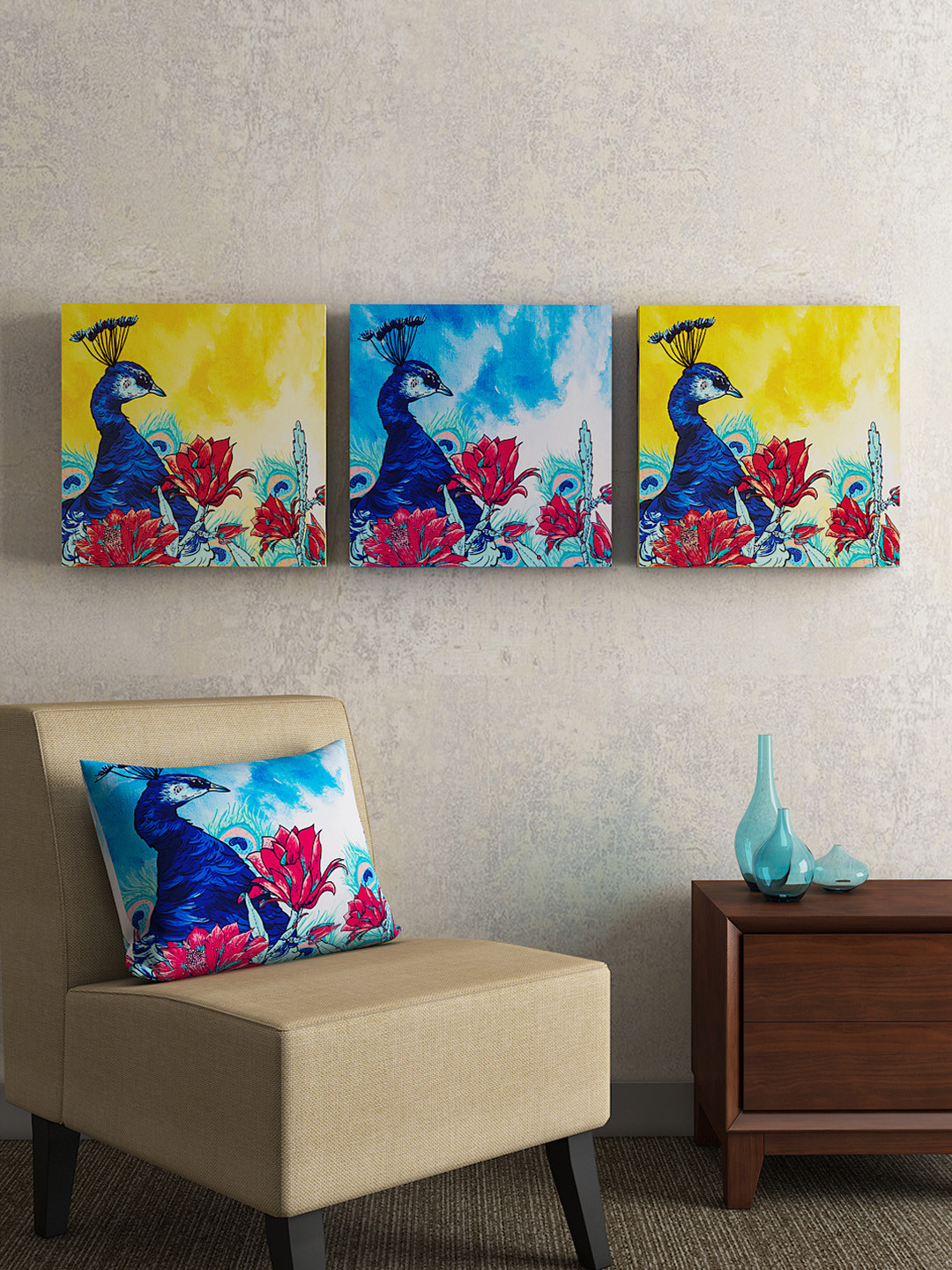 SEJ by Nisha Gupta MDF 3 Piece Wall Square Paintings Wall Art -14 x 14 In