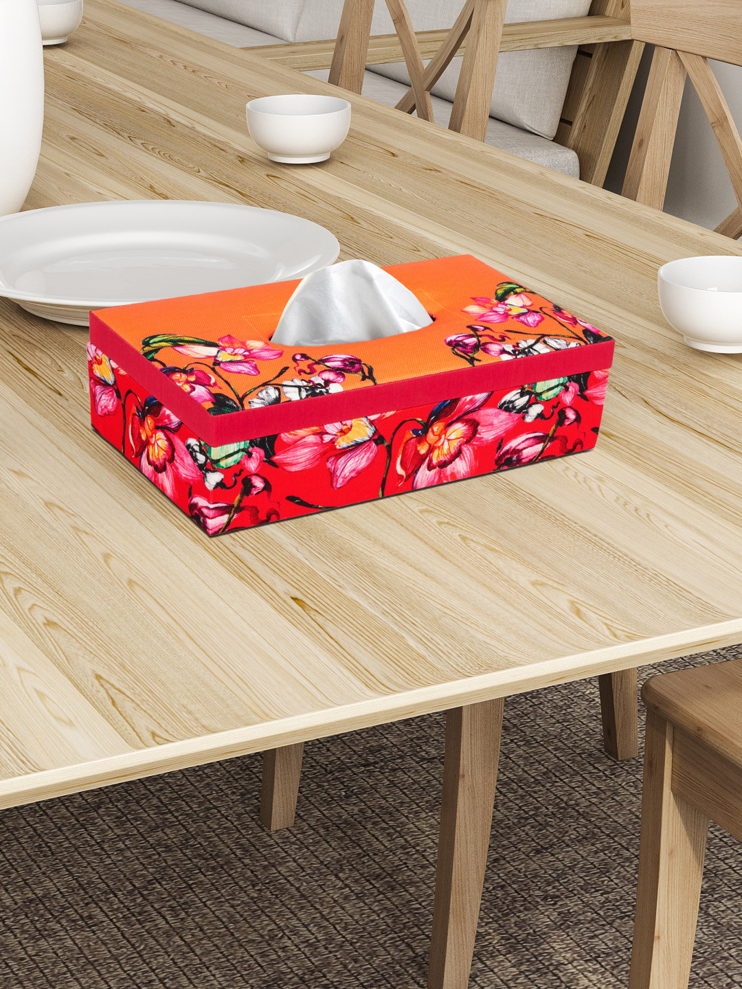 SEJ by Nisha Gupta Mustard Orange & Red Printed Tissue Holder