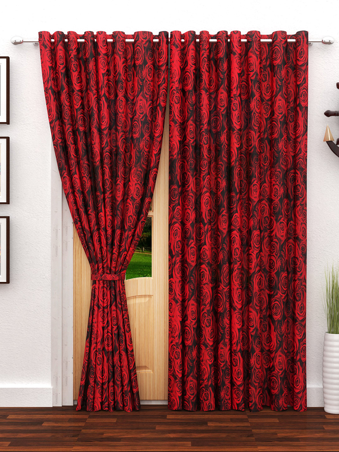 Story@home Red & Black Set of 2 Door Curtains