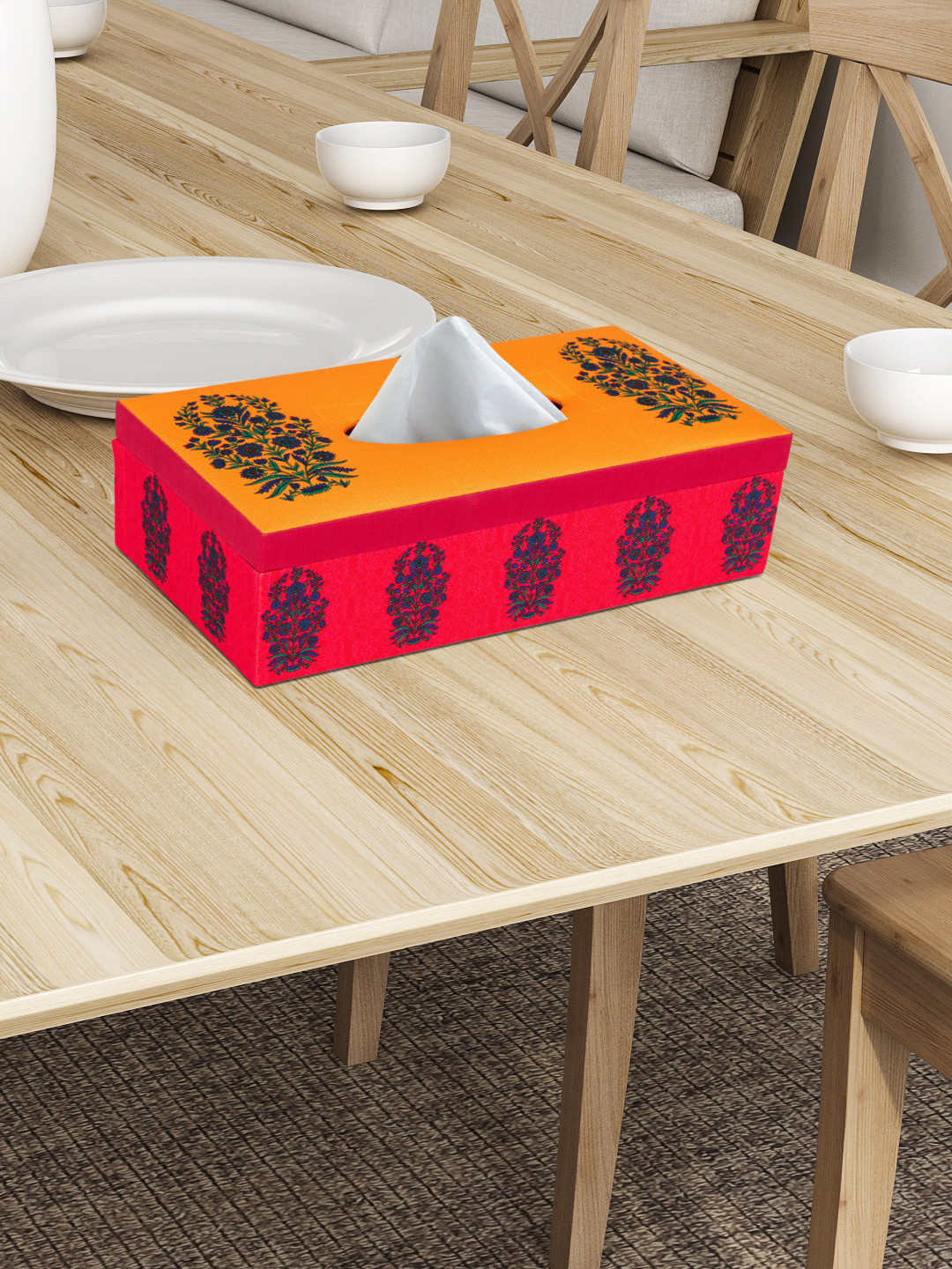 SEJ by Nisha Gupta Red & Mustard Yellow Printed Tissue Holder