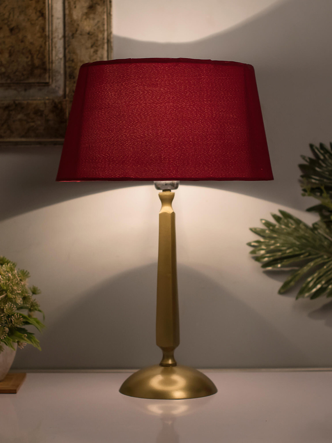 Homesake Gold-Toned & Red Solid Handcrafted Classic Cubist Bedside Standard Lamp