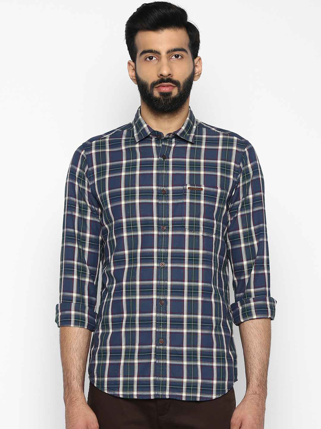 ColorPlus Men Grey & Blue Regular Fit Checked Casual Shirt