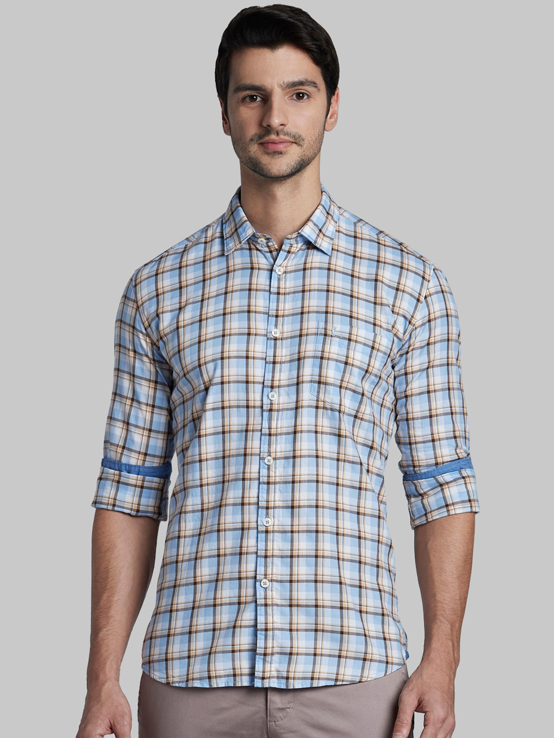 Parx Men Blue & Yellow Slim Fit Checked Casual Shirt